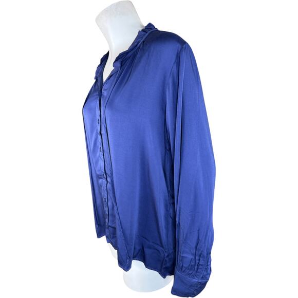 Side Stitch Button Down Top with Ruffle Neck Saphhire Stone Medium NWOT - Picture 4 of 14